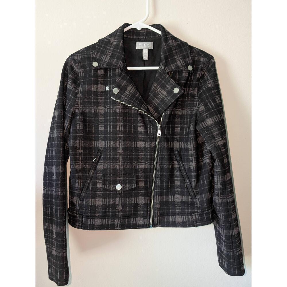 Ellen Tracy Black Gray Plaid Biker Jacket Womens XS